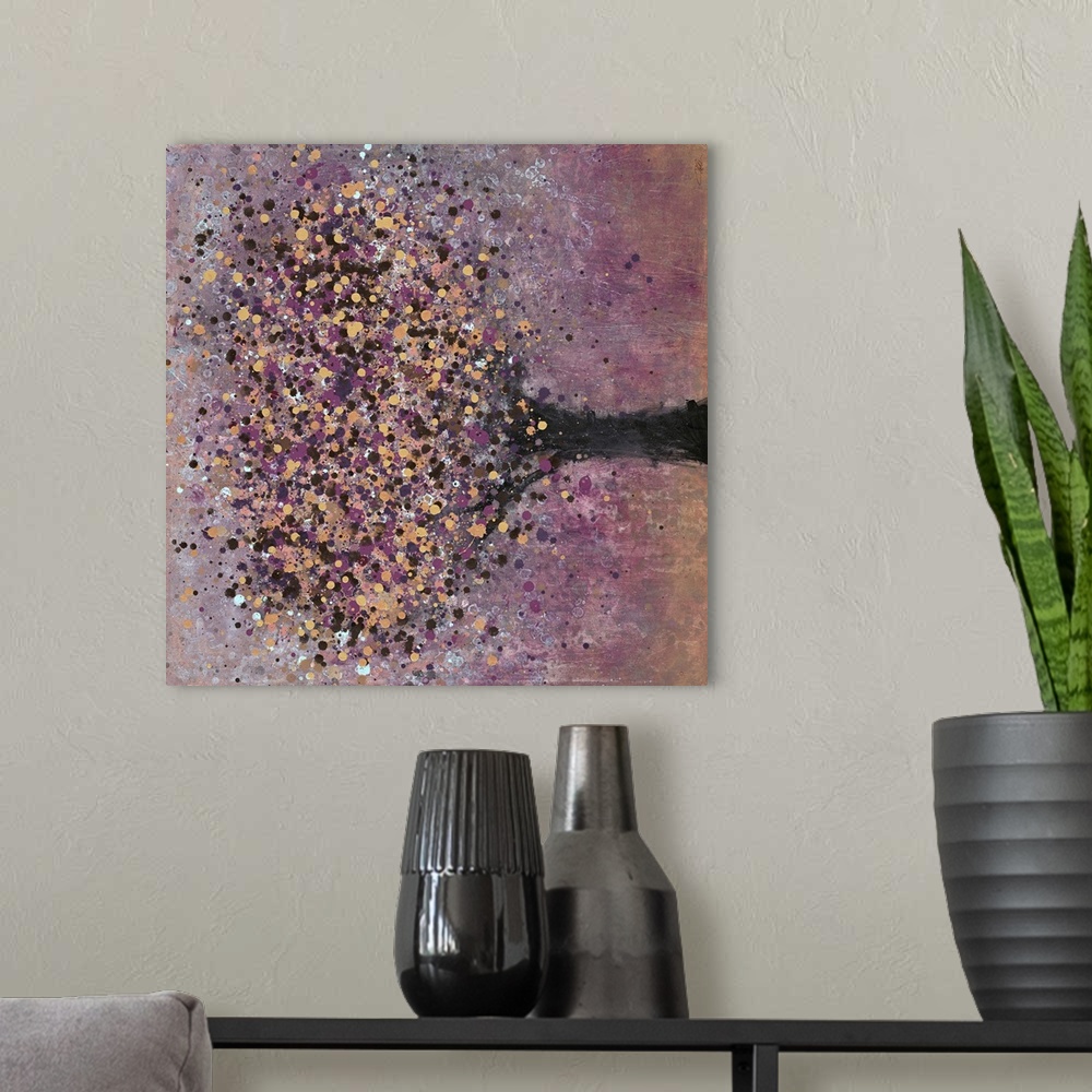 A modern room featuring Contemporary painting of a lone tree with copper and purple leaves.