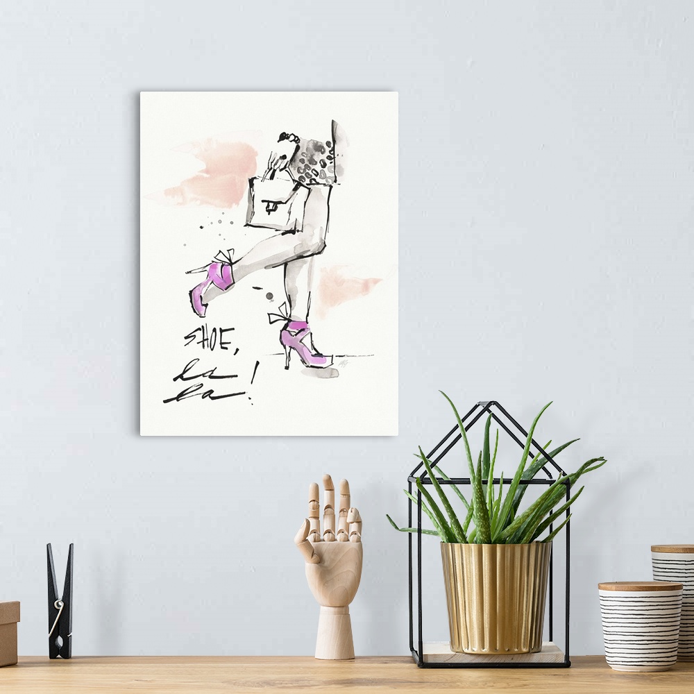 A bohemian room featuring Watercolor fashion artwork of a woman in strappy pink heels.