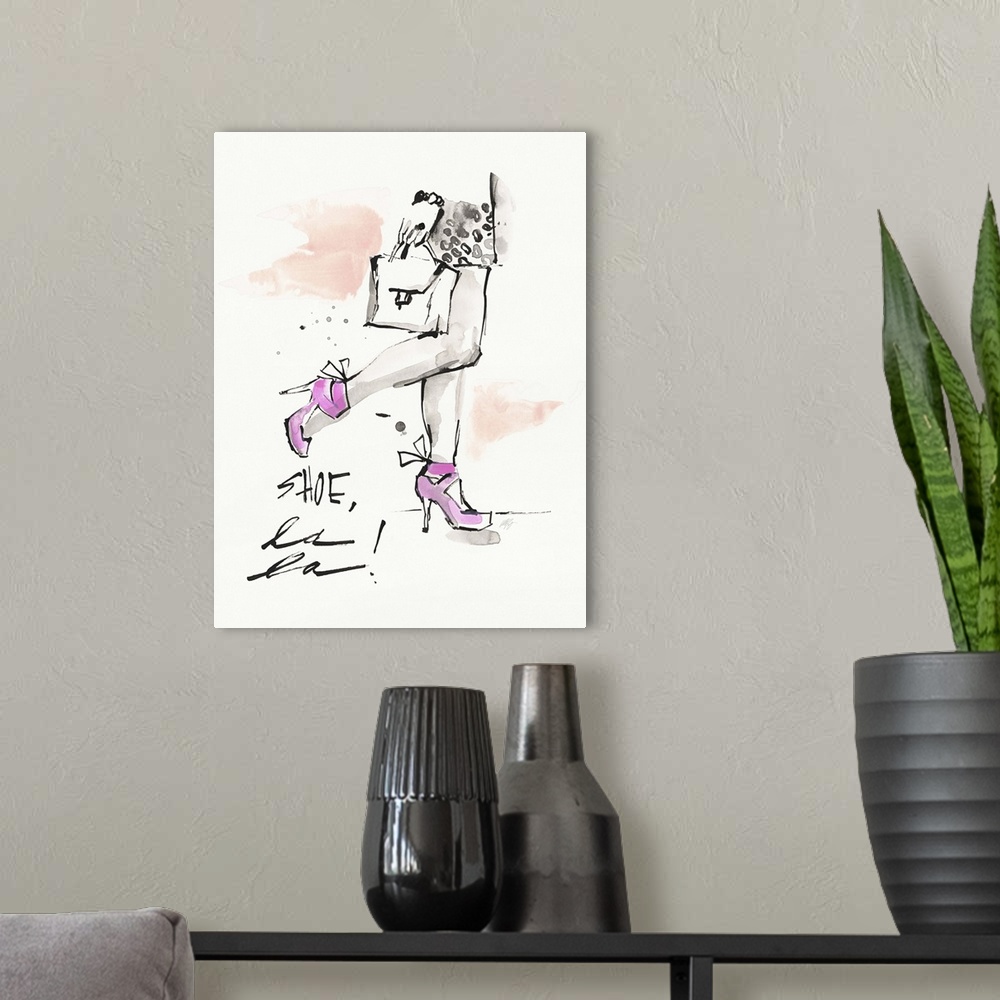 A modern room featuring Watercolor fashion artwork of a woman in strappy pink heels.