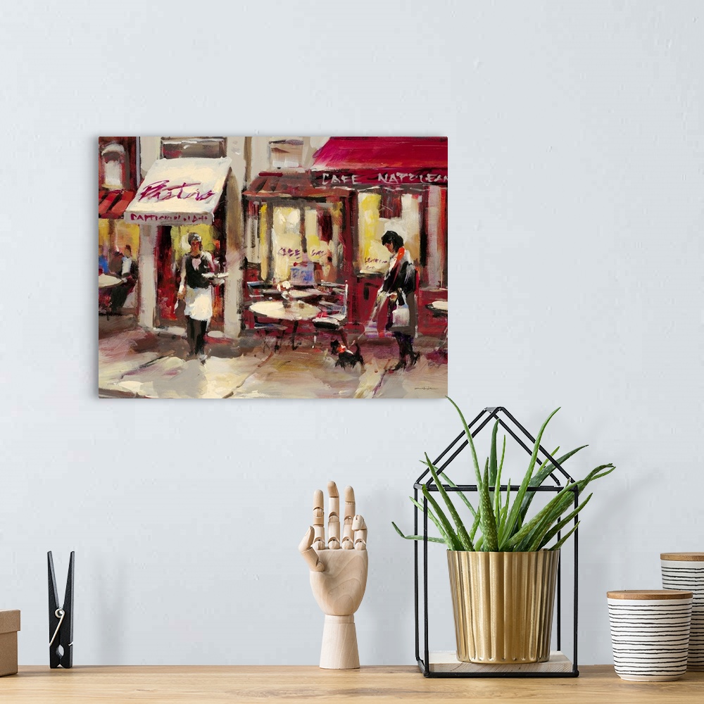 A bohemian room featuring Contemporary painting of a woman walking along a sidewalk approaching a bistro.