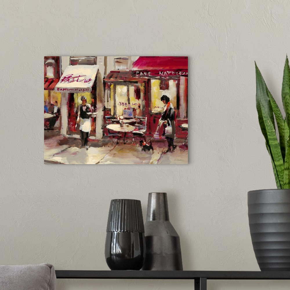 A modern room featuring Contemporary painting of a woman walking along a sidewalk approaching a bistro.