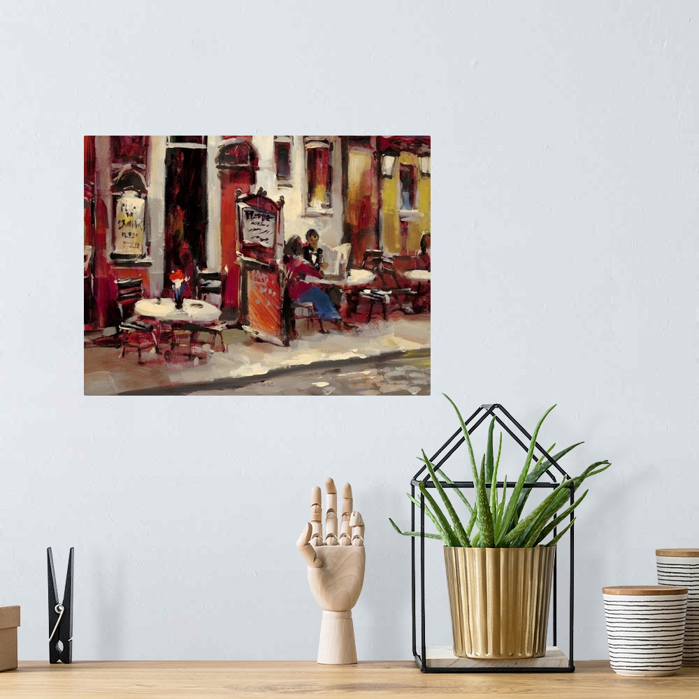 A bohemian room featuring Contemporary painting of a couple sitting outside a cafe.