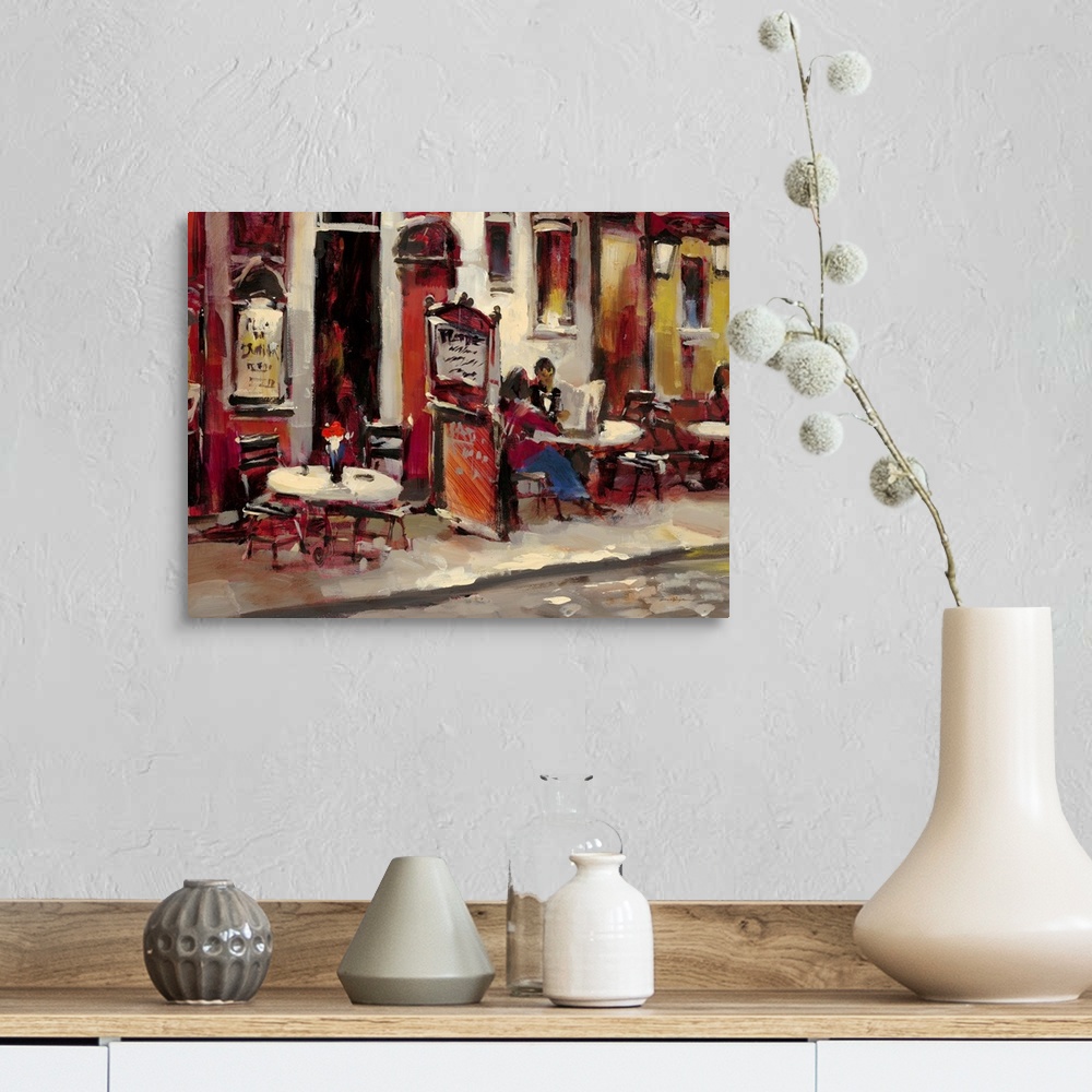 A farmhouse room featuring Contemporary painting of a couple sitting outside a cafe.