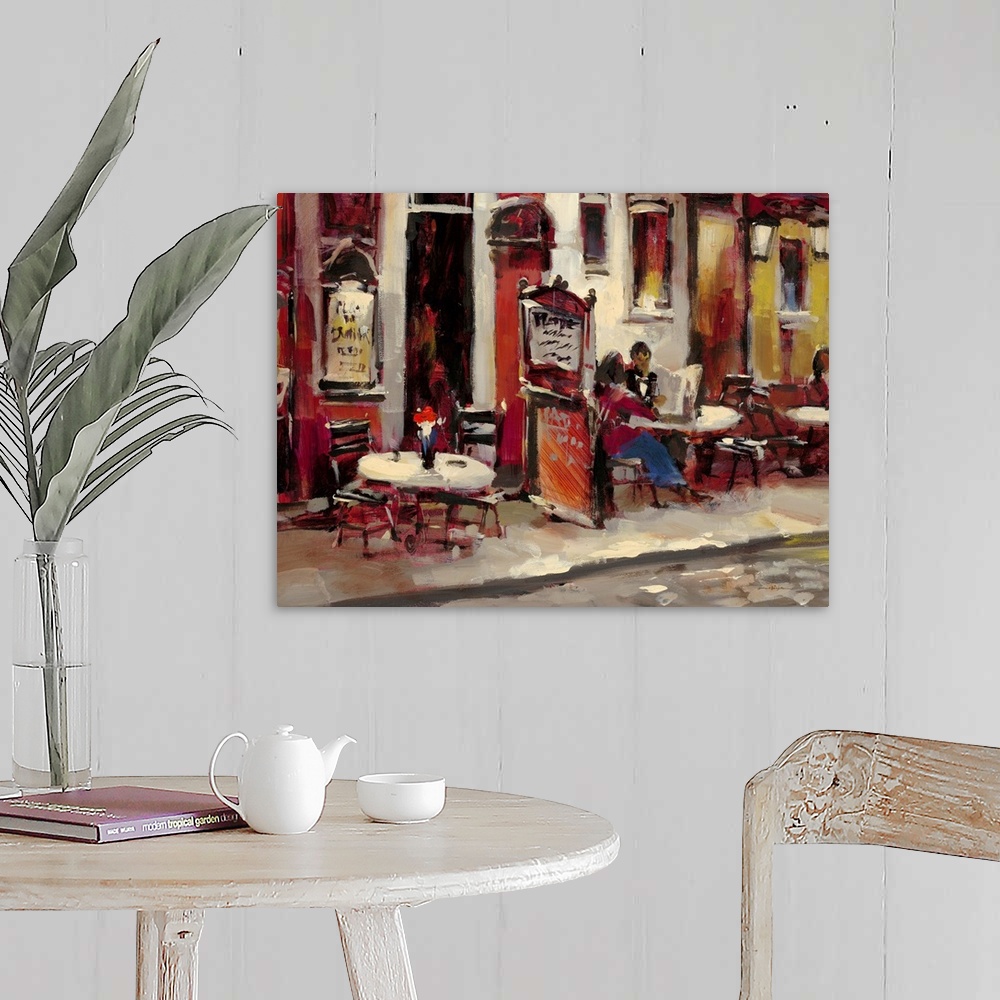A farmhouse room featuring Contemporary painting of a couple sitting outside a cafe.