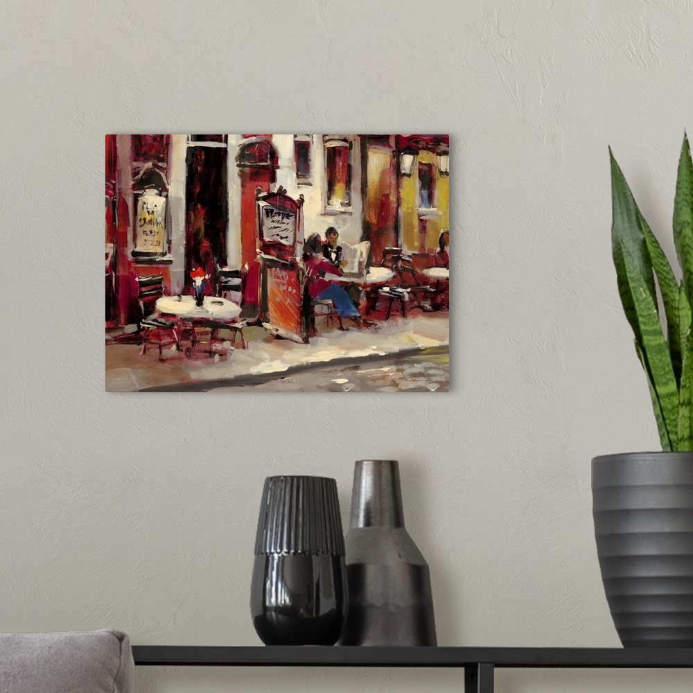 A modern room featuring Contemporary painting of a couple sitting outside a cafe.