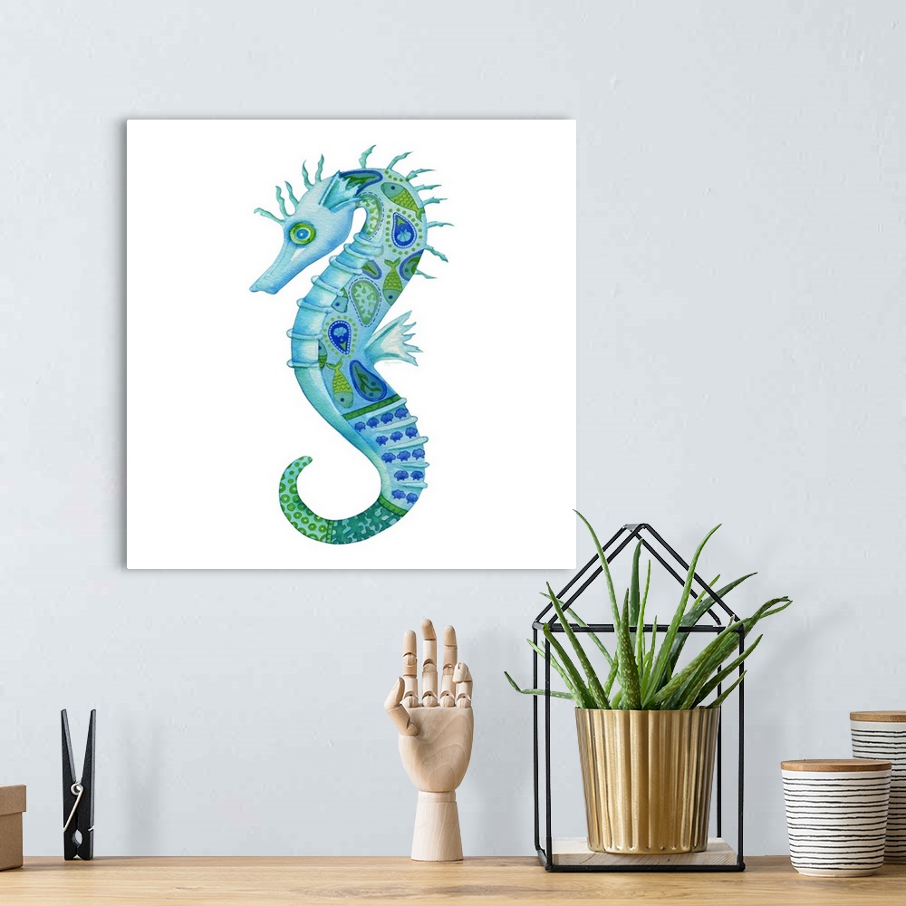 A bohemian room featuring Watercolor painting of a blue and green colored seahorse with intricate details and designs all o...