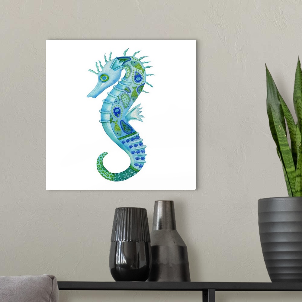 A modern room featuring Watercolor painting of a blue and green colored seahorse with intricate details and designs all o...