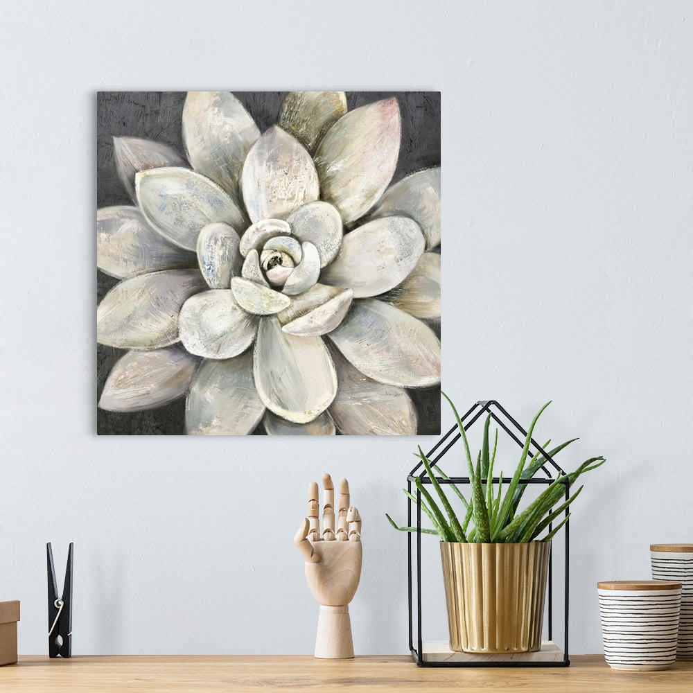 A bohemian room featuring Contemporary artwork of a succulent plant with broad leaves in warm grey tones.