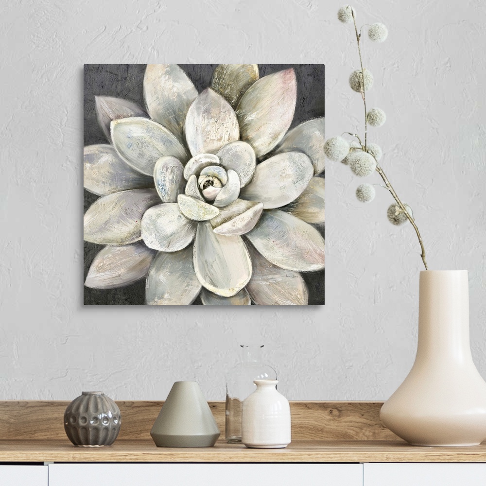 A farmhouse room featuring Contemporary artwork of a succulent plant with broad leaves in warm grey tones.