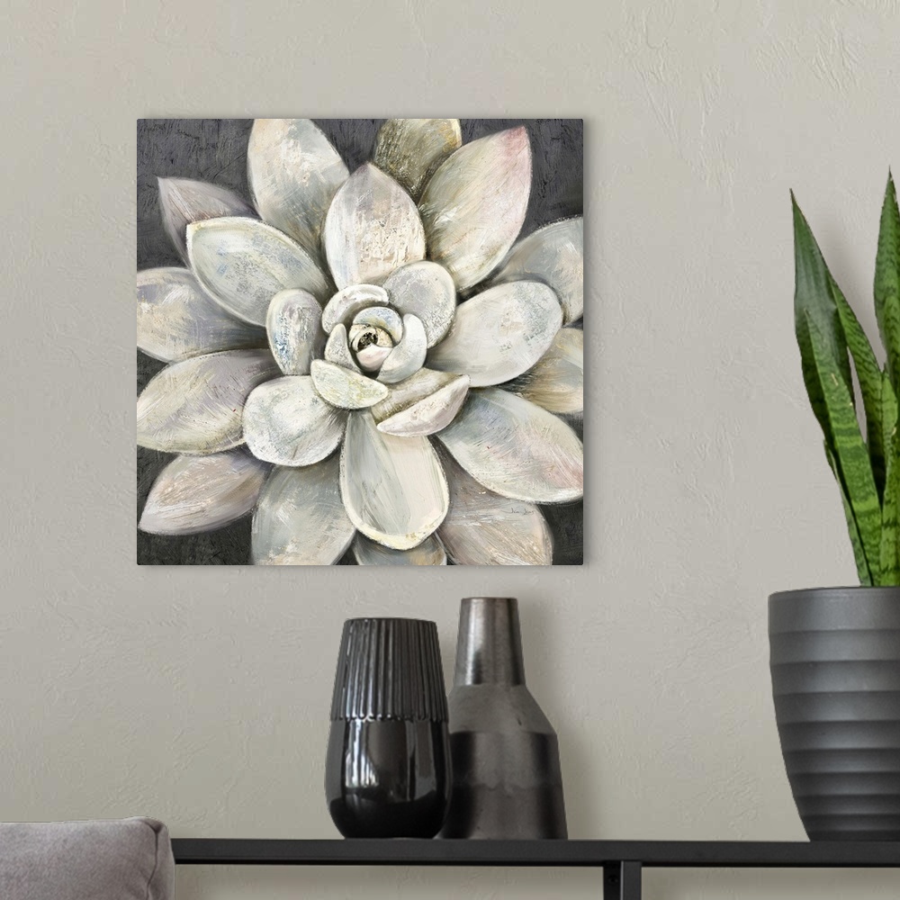 A modern room featuring Contemporary artwork of a succulent plant with broad leaves in warm grey tones.