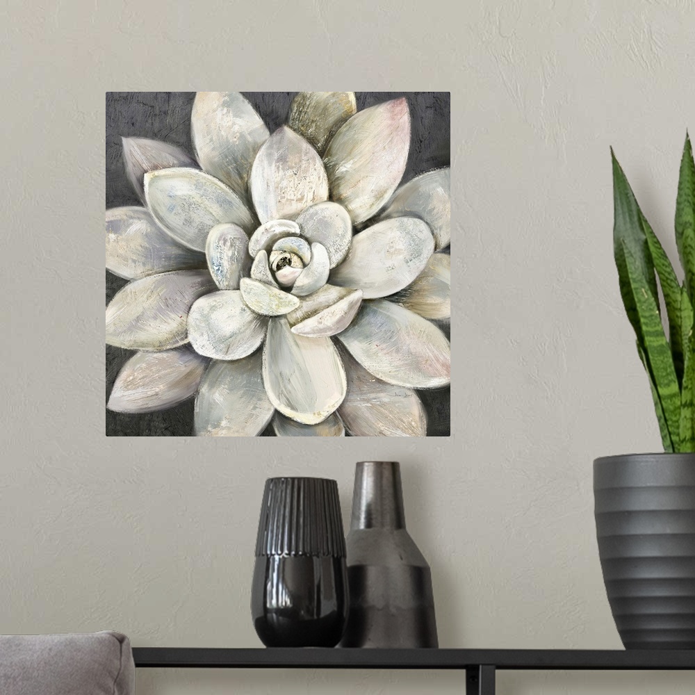 A modern room featuring Contemporary artwork of a succulent plant with broad leaves in warm grey tones.