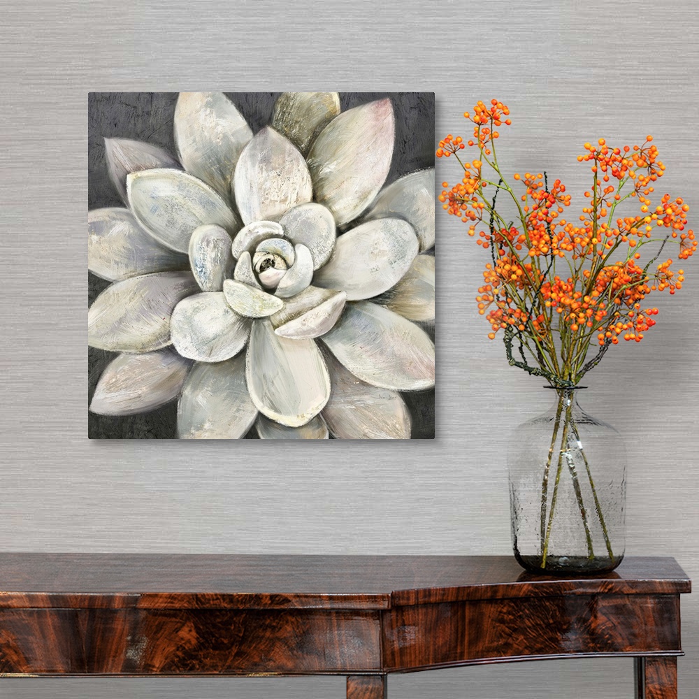 A traditional room featuring Contemporary artwork of a succulent plant with broad leaves in warm grey tones.
