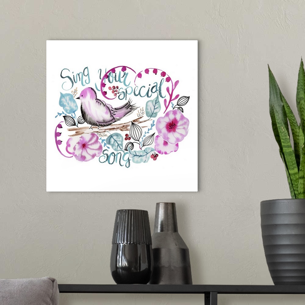 A modern room featuring Watercolor florals and bird with a handlettered sentiment.