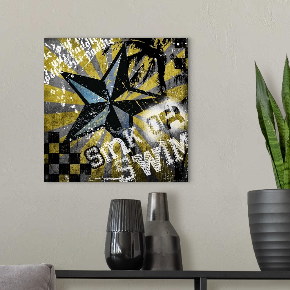 A modern room featuring Artwork with a grunge rock feel, with surfing theme.