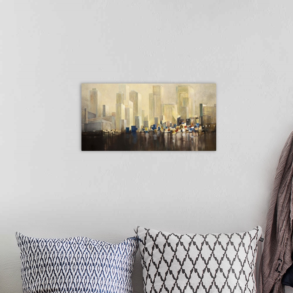 A bohemian room featuring Contemporary painting of a city skyline above misty harbor.