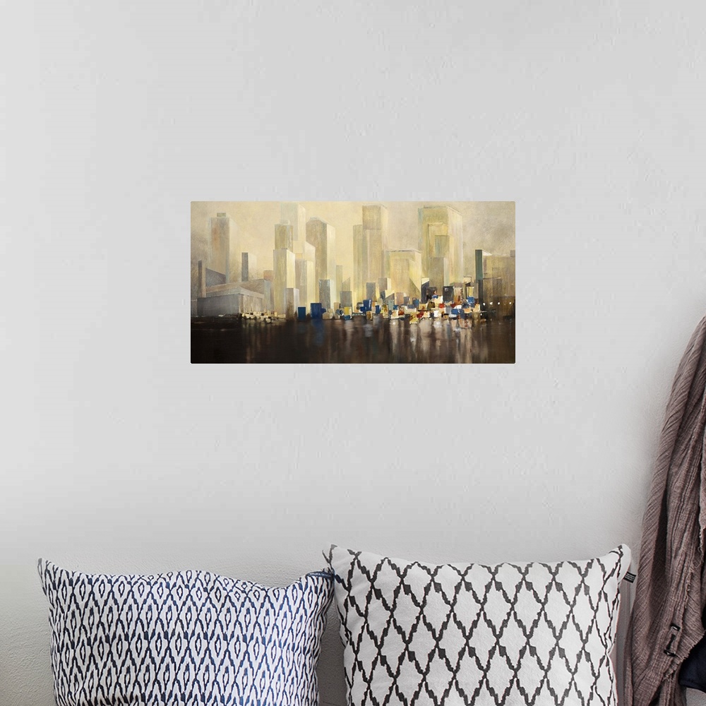 A bohemian room featuring Contemporary painting of a city skyline above misty harbor.