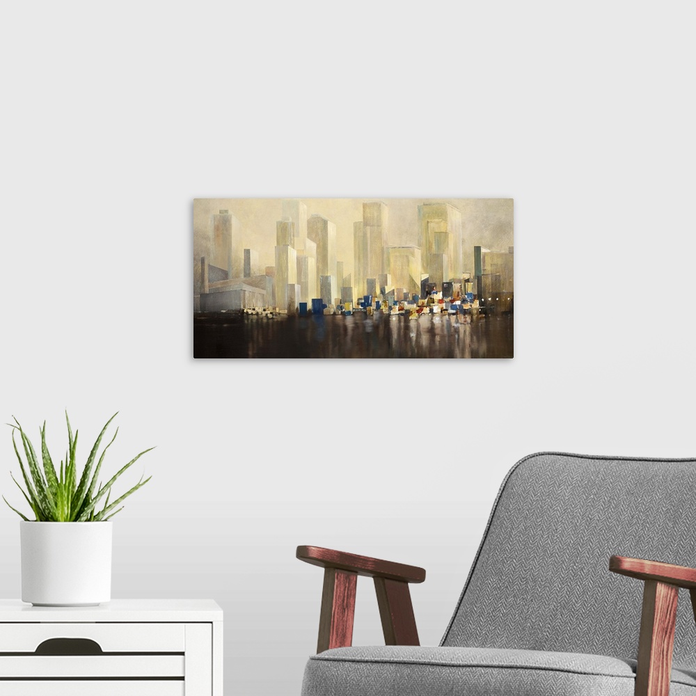 A modern room featuring Contemporary painting of a city skyline above misty harbor.