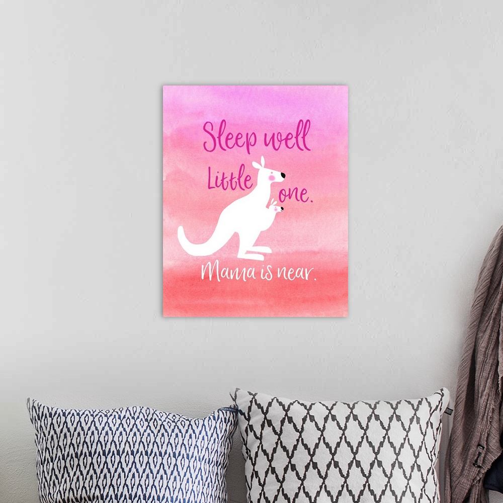 A bohemian room featuring Nursery art of a mother kangaroo and her baby on a pink watercolor wash background.