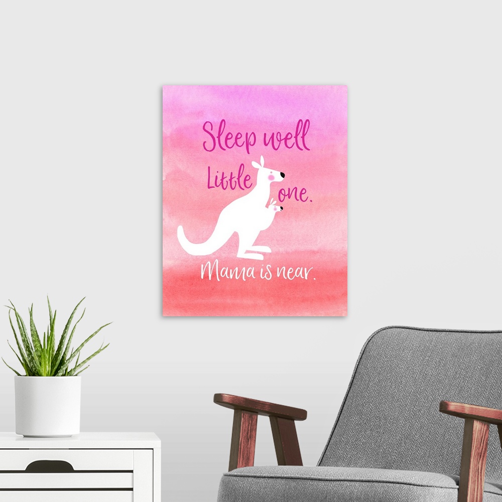 A modern room featuring Nursery art of a mother kangaroo and her baby on a pink watercolor wash background.