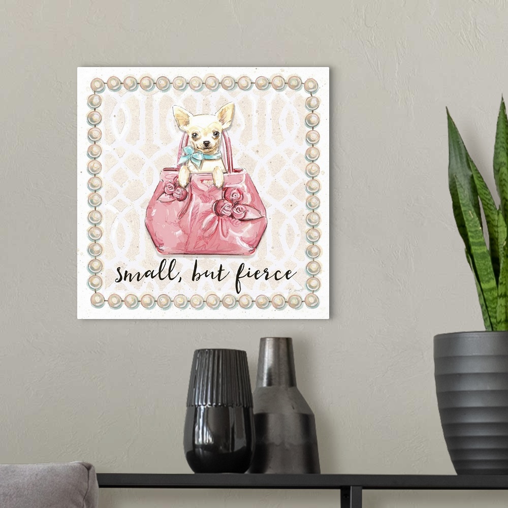 A modern room featuring Illustration of a cute chihuahua puppy in a fashionable handbag.