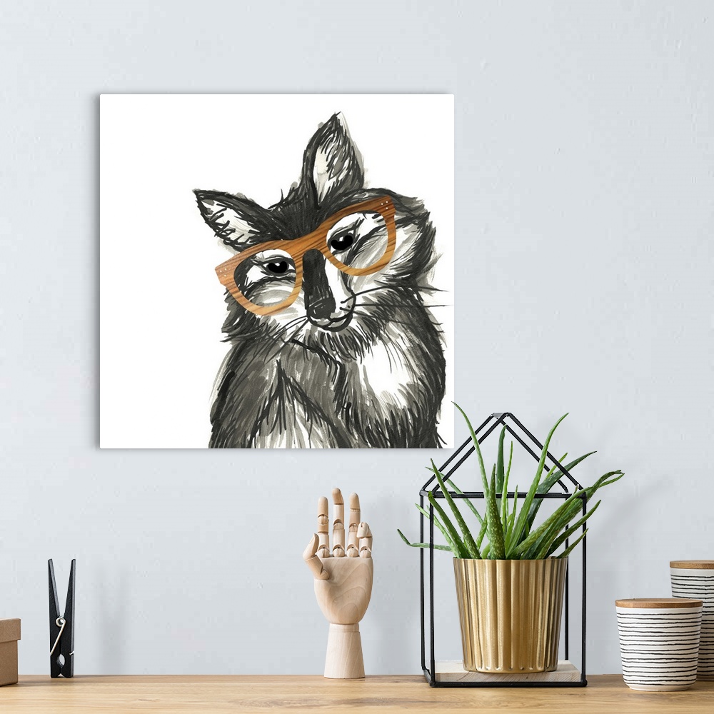 A bohemian room featuring Black and white illustration of a whimsical fox wearing wood grain glasses on a square background.