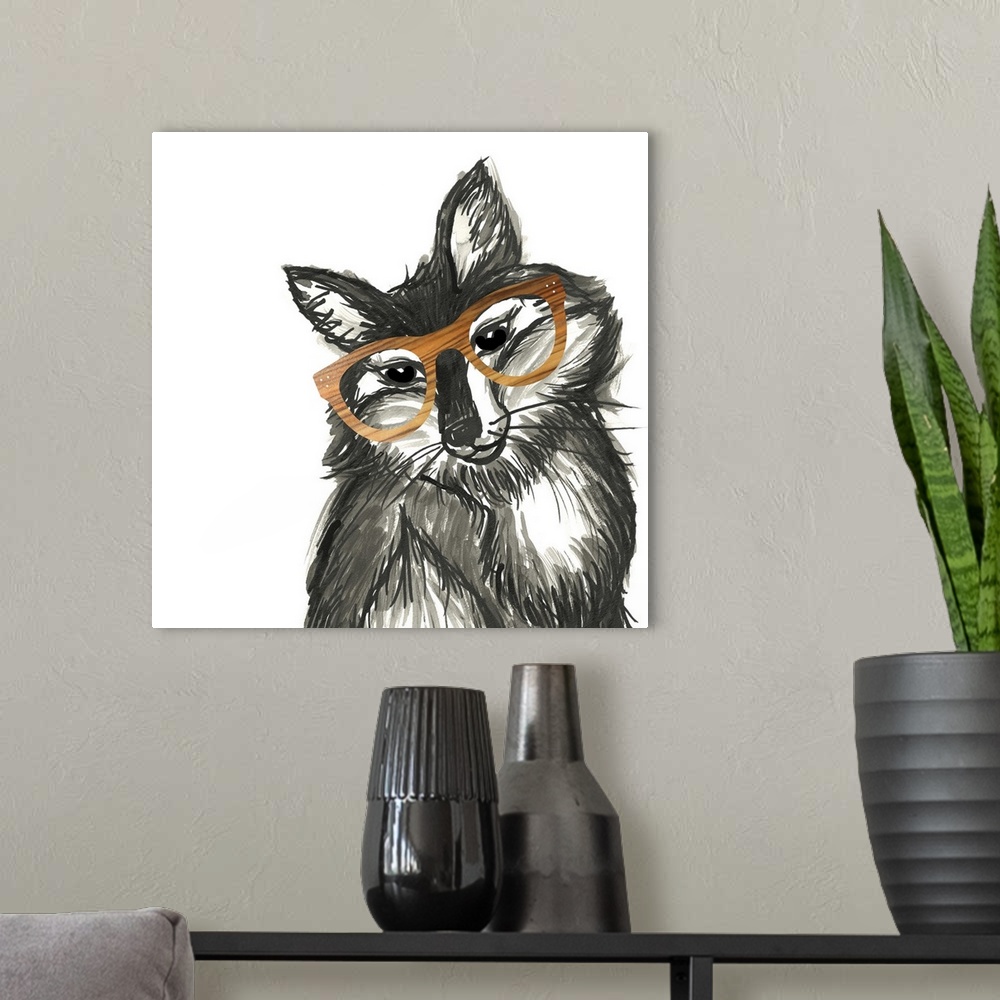 A modern room featuring Black and white illustration of a whimsical fox wearing wood grain glasses on a square background.