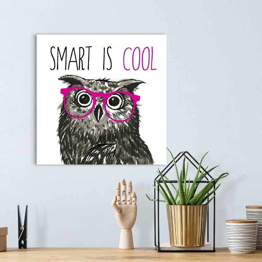 A bohemian room featuring Black and white illustration of a whimsical owl wearing pink glasses on a square background with ...