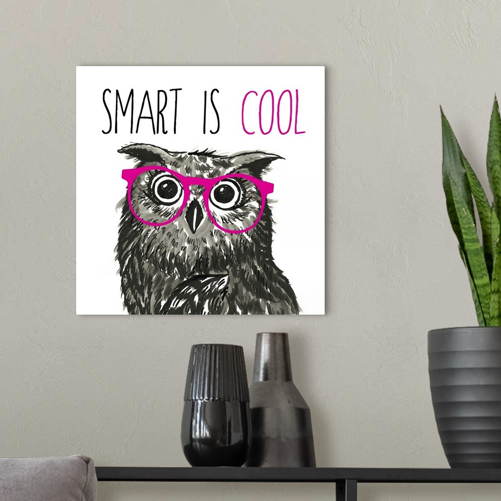 A modern room featuring Black and white illustration of a whimsical owl wearing pink glasses on a square background with ...