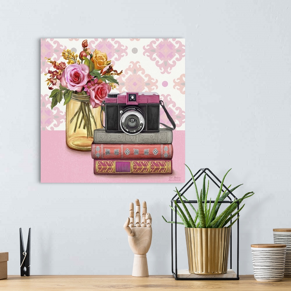 A bohemian room featuring Contemporary vibrant home decor artwork with a pink camera and a bouquet of colorful flowers in a...