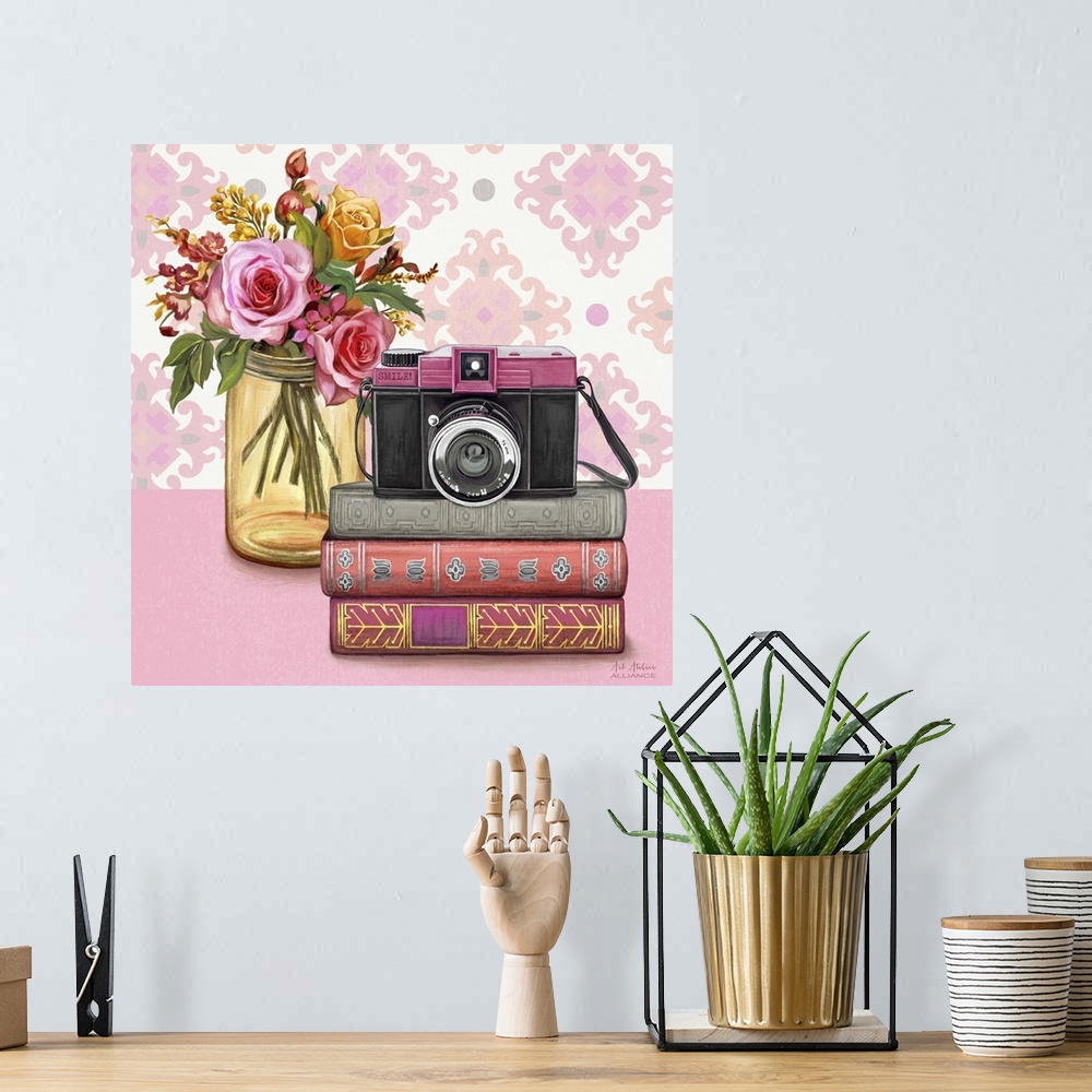 A bohemian room featuring Contemporary vibrant home decor artwork with a pink camera and a bouquet of colorful flowers in a...