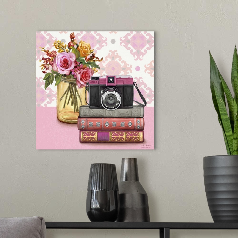 A modern room featuring Contemporary vibrant home decor artwork with a pink camera and a bouquet of colorful flowers in a...