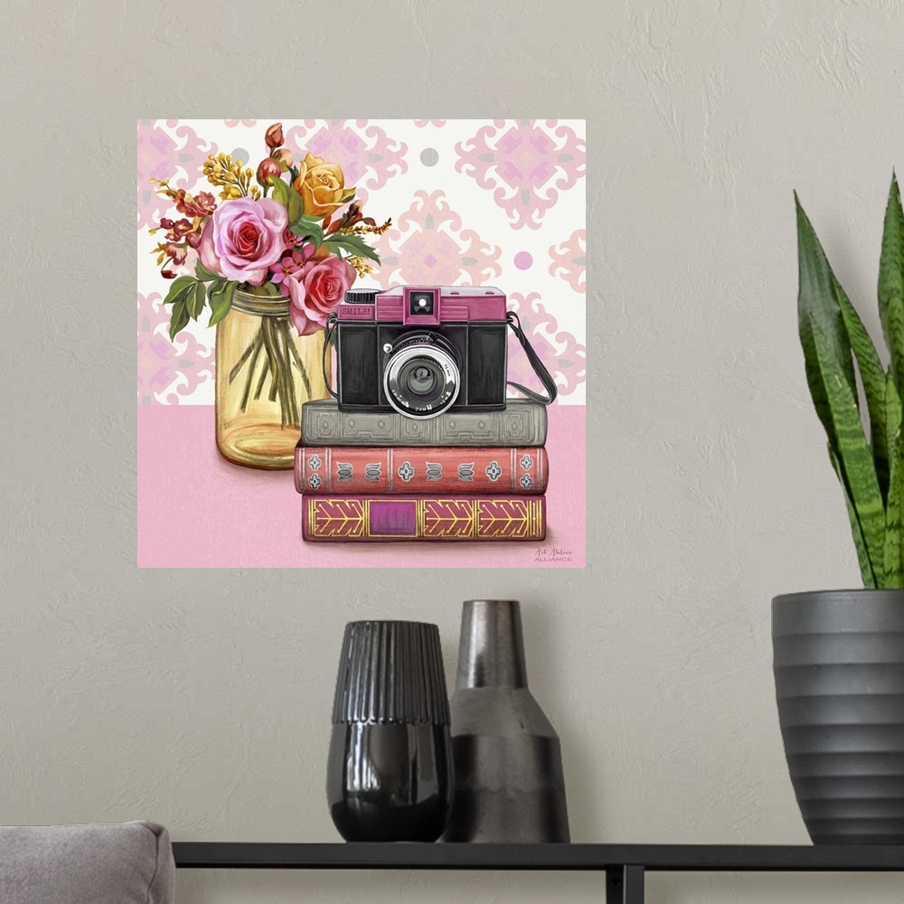 A modern room featuring Contemporary vibrant home decor artwork with a pink camera and a bouquet of colorful flowers in a...