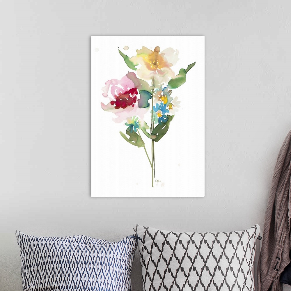 A bohemian room featuring Watercolor artwork of a small bouquet of flowers on white.
