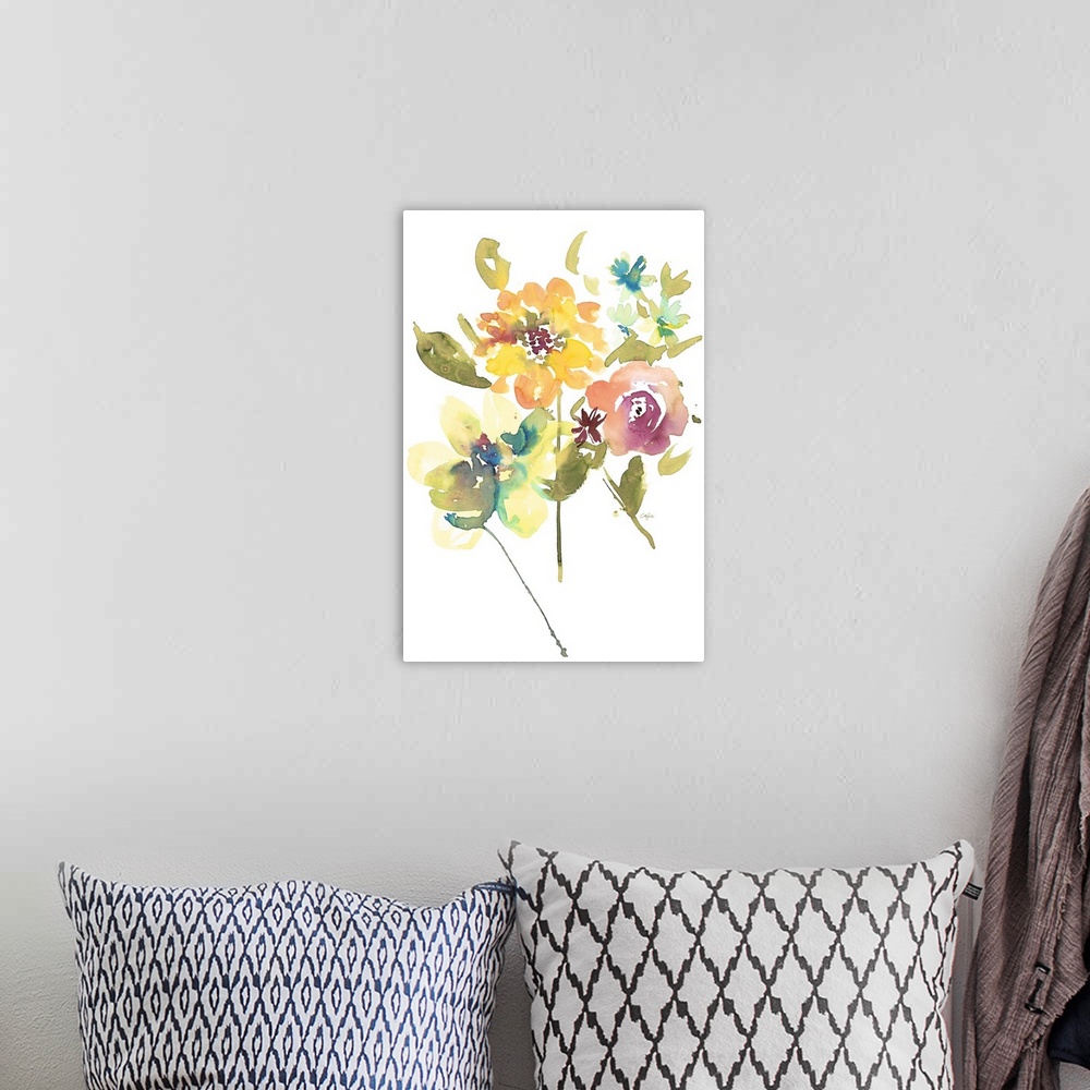 A bohemian room featuring Watercolor illustration of an assortment of springtime flowers on white.