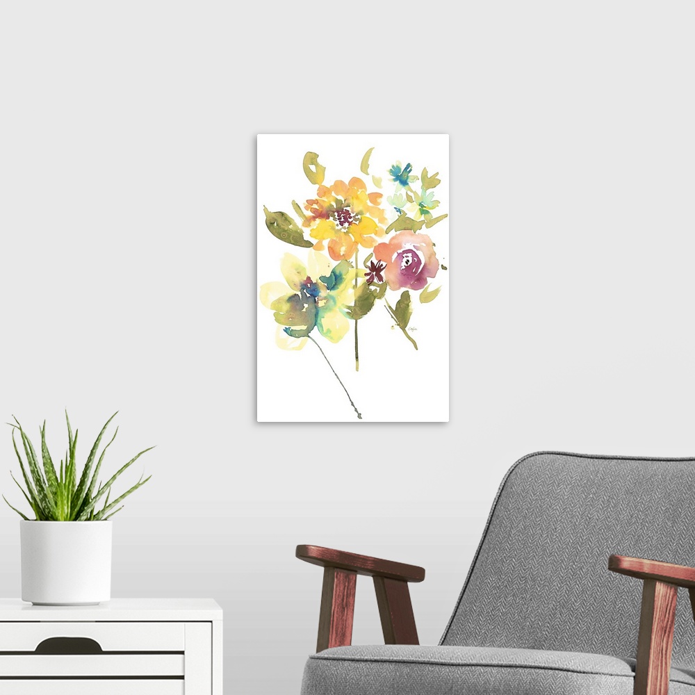 A modern room featuring Watercolor illustration of an assortment of springtime flowers on white.