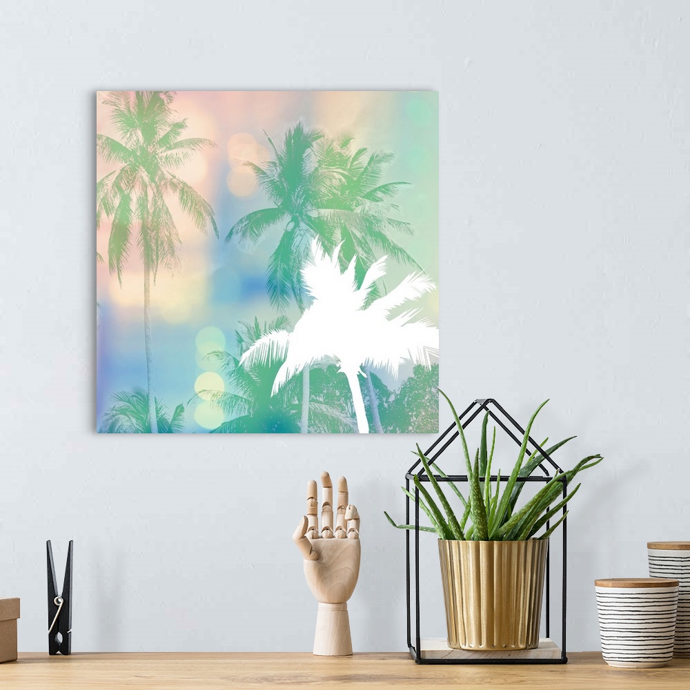A bohemian room featuring White palm tree silhouette over pastel palms and bokeh lights.