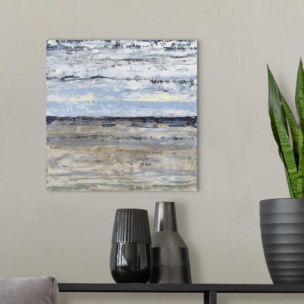 A modern room featuring Contemporary abstract painting using neutral colors and blue tones.