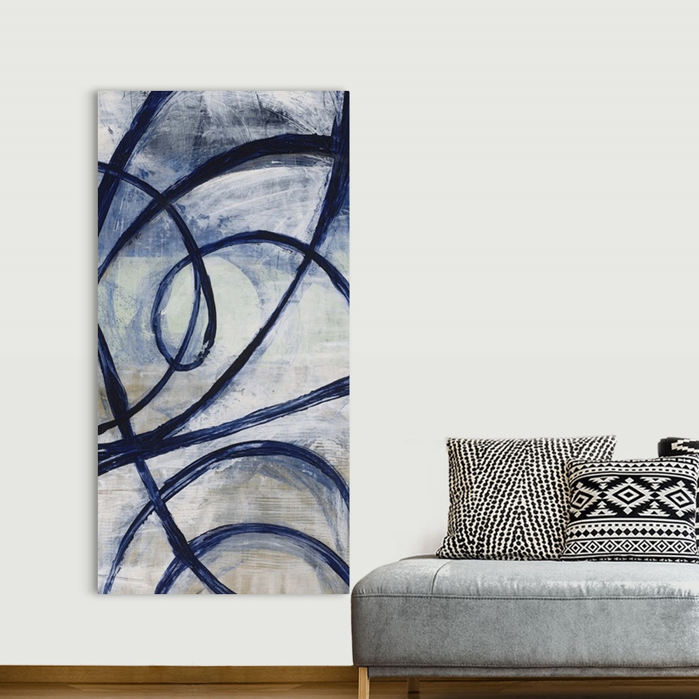 A bohemian room featuring Contemporary abstract painting using neutral tones and bold lines.