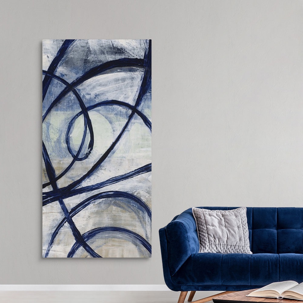 A modern room featuring Contemporary abstract painting using neutral tones and bold lines.