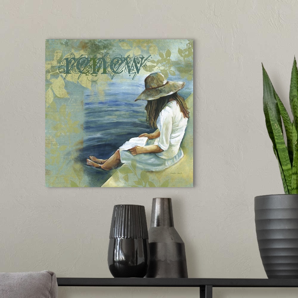 A modern room featuring Painting of a woman with a wide-brimmed hat reading a book with her feet in the water.