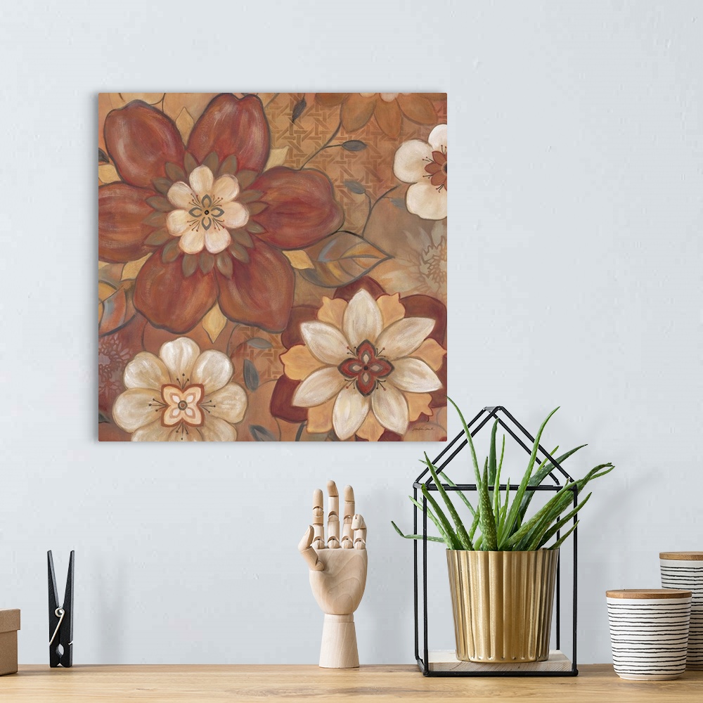 A bohemian room featuring Folk art style painting of several differently shaped flowers in rusty red tones.