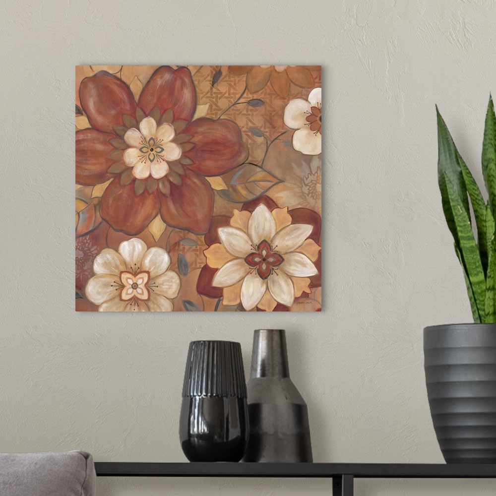 A modern room featuring Folk art style painting of several differently shaped flowers in rusty red tones.