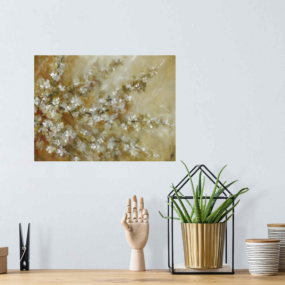 A bohemian room featuring Contemporary painting of a tree with branches full of white blossoms.