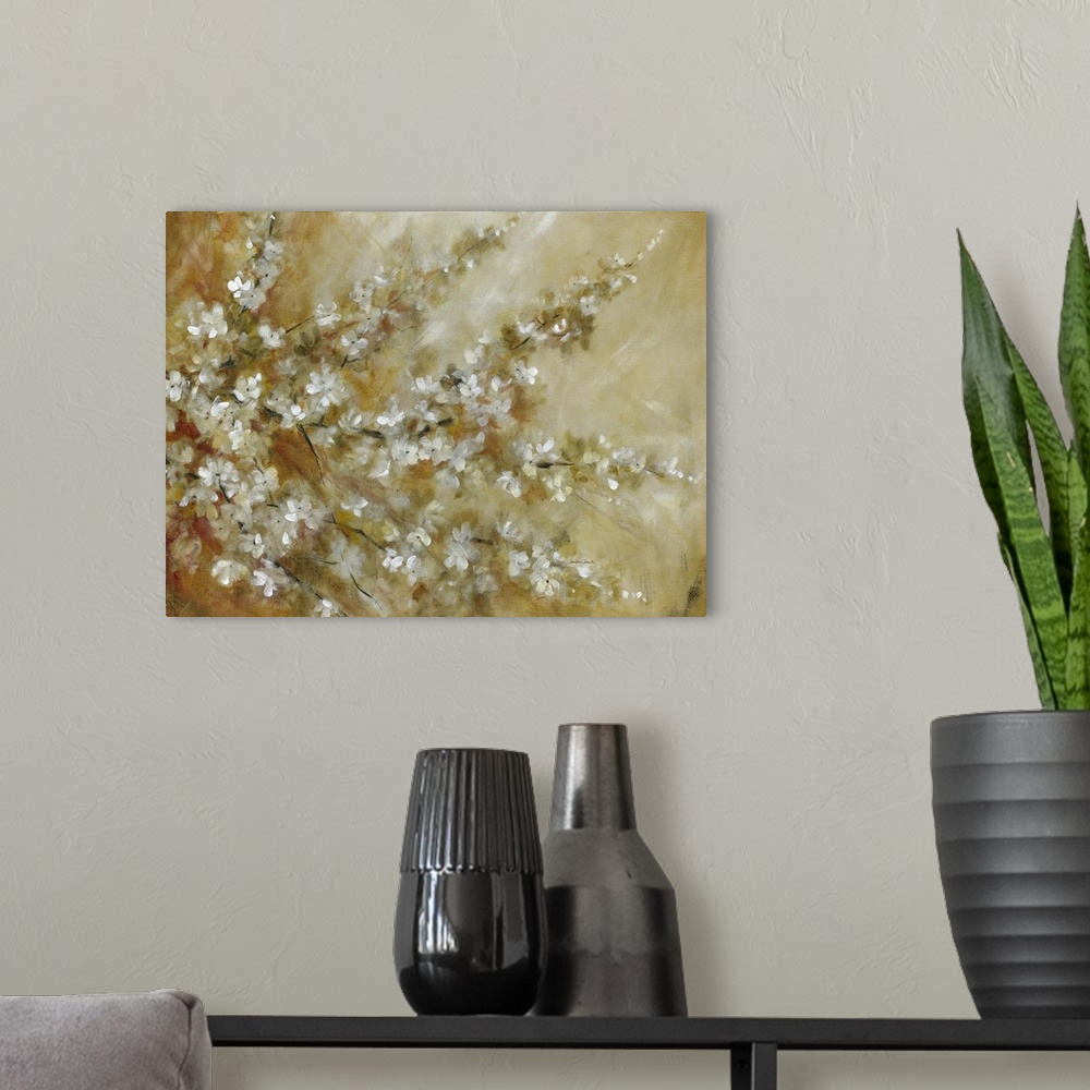 A modern room featuring Contemporary painting of a tree with branches full of white blossoms.