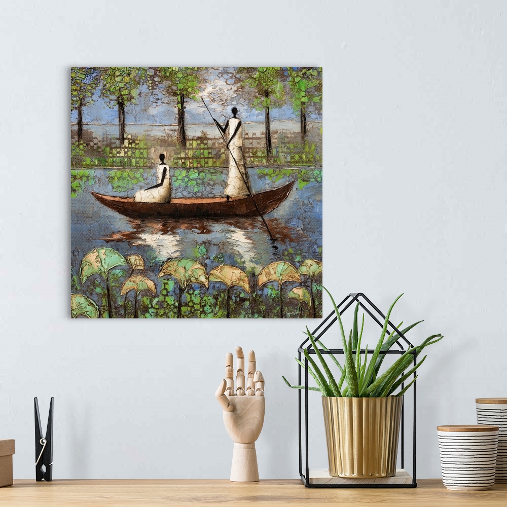 A bohemian room featuring Contemporary painting of two figures in a boat on the river.