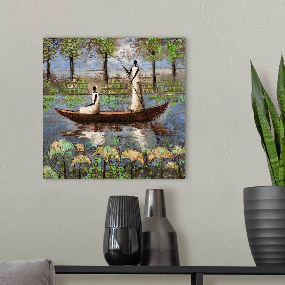 A modern room featuring Contemporary painting of two figures in a boat on the river.