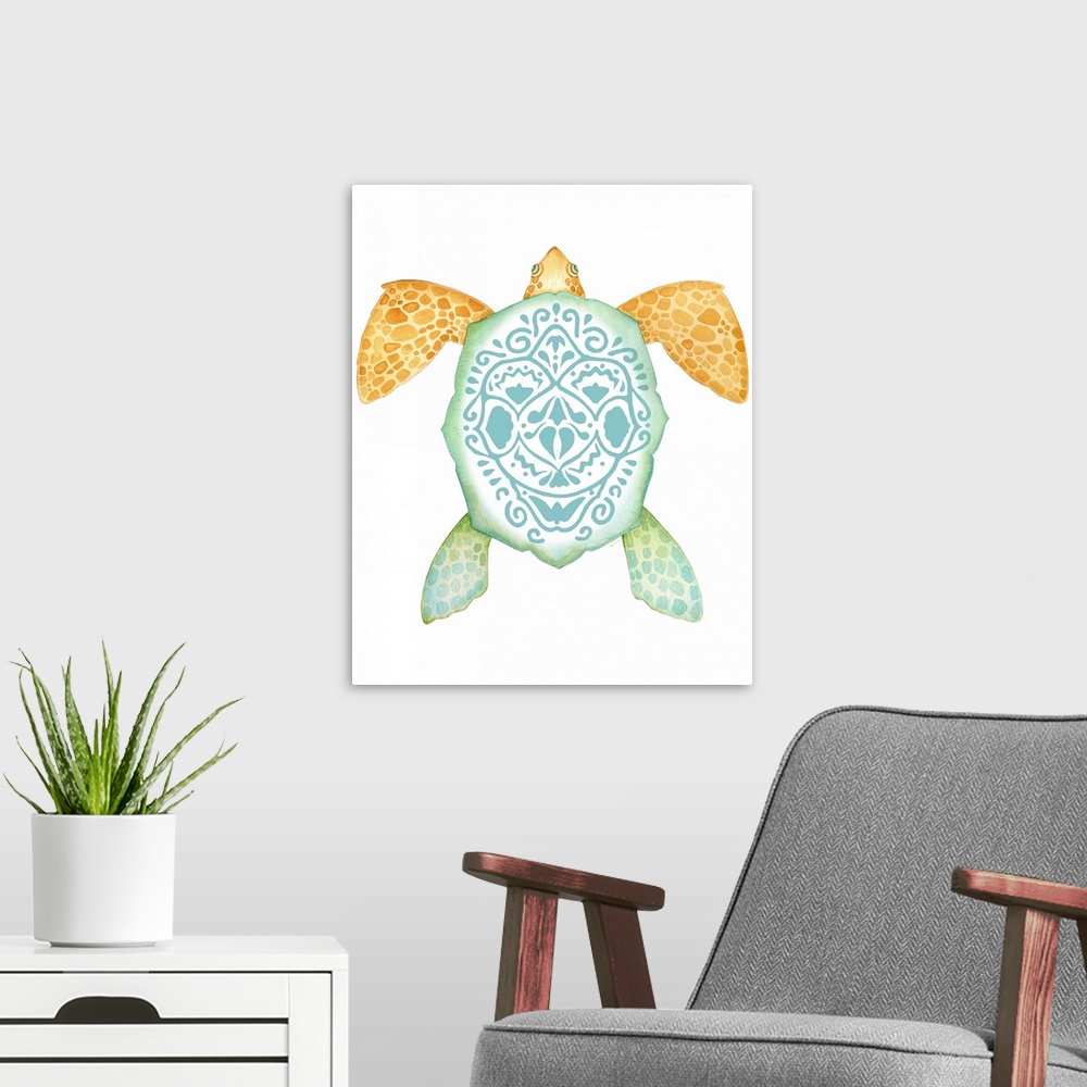 A modern room featuring Watercolor artwork of a sea turtle with an intricate design on its shell.