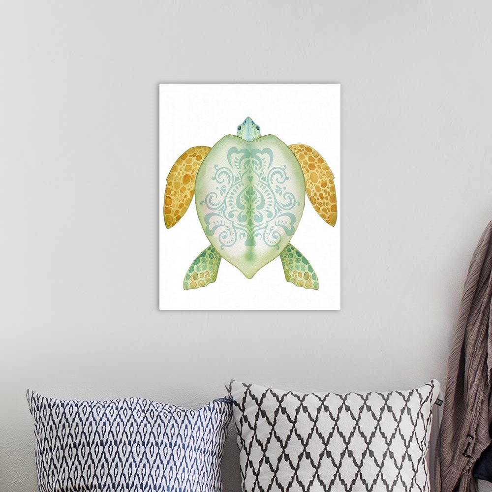 A bohemian room featuring Watercolor artwork of a sea turtle with an intricate design on its shell.