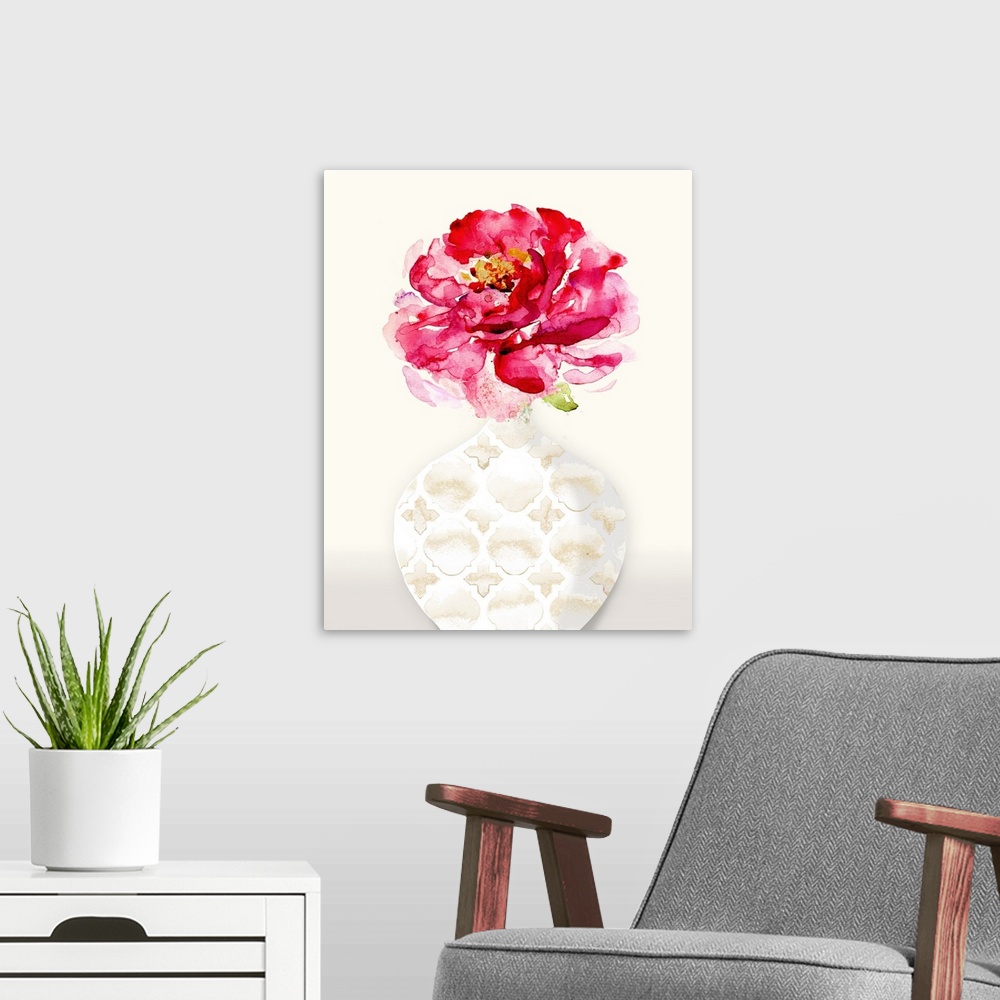 A modern room featuring Abstract painting of a red flower inside of a white vase with gold patterns on a cream colored ba...
