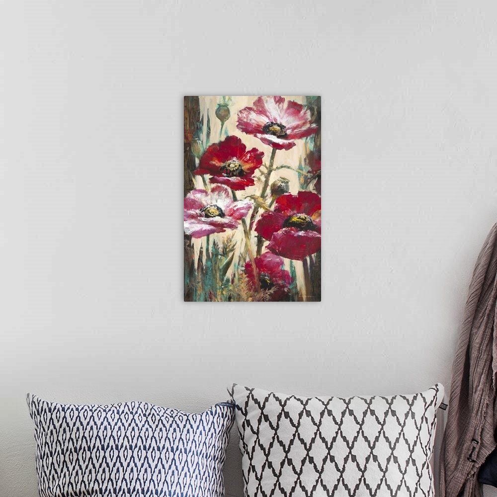A bohemian room featuring Contemporary painting of vibrant red poppy flowers.